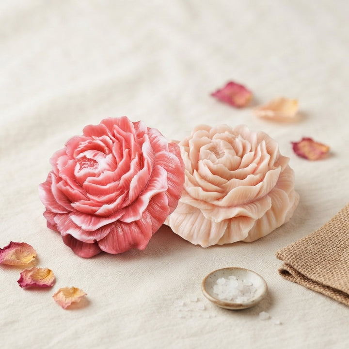 Pink and peach wax flower fresheners with layered petals, on a neutral surface