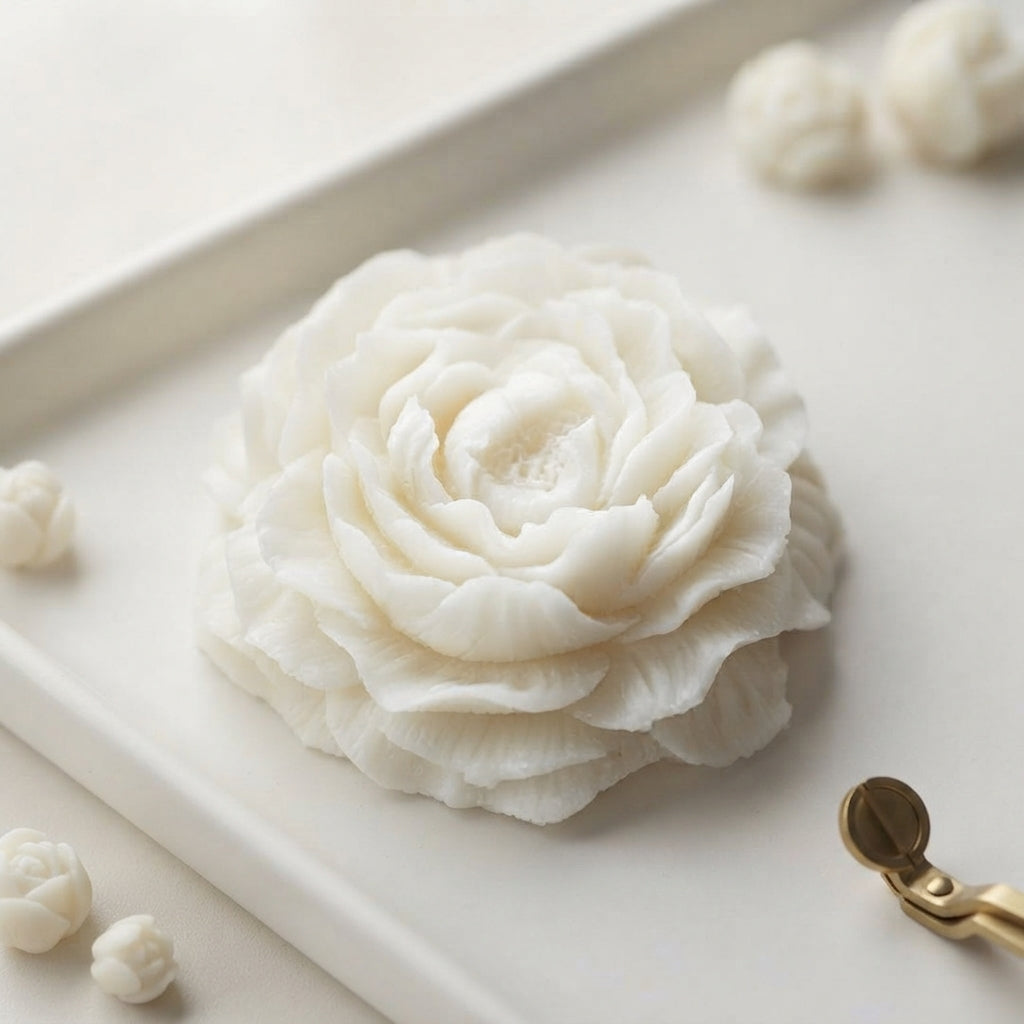 White wax flower freshener with layered petals on a tray
