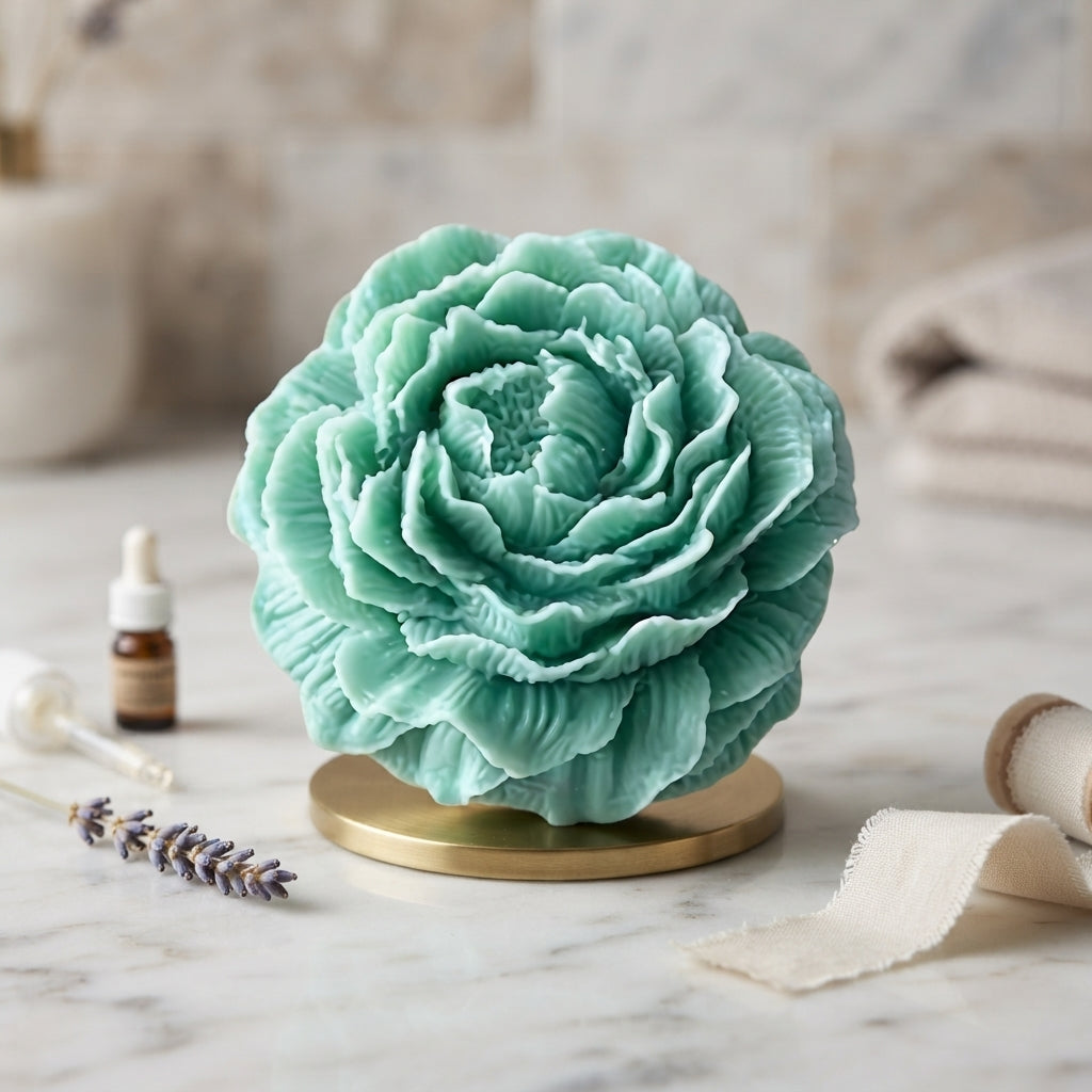 Mint green wax flower freshener with layered petals on a round base