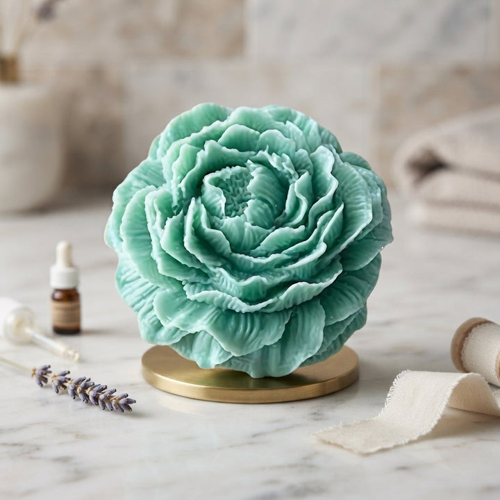 Mint green wax flower freshener with layered petals on a round base