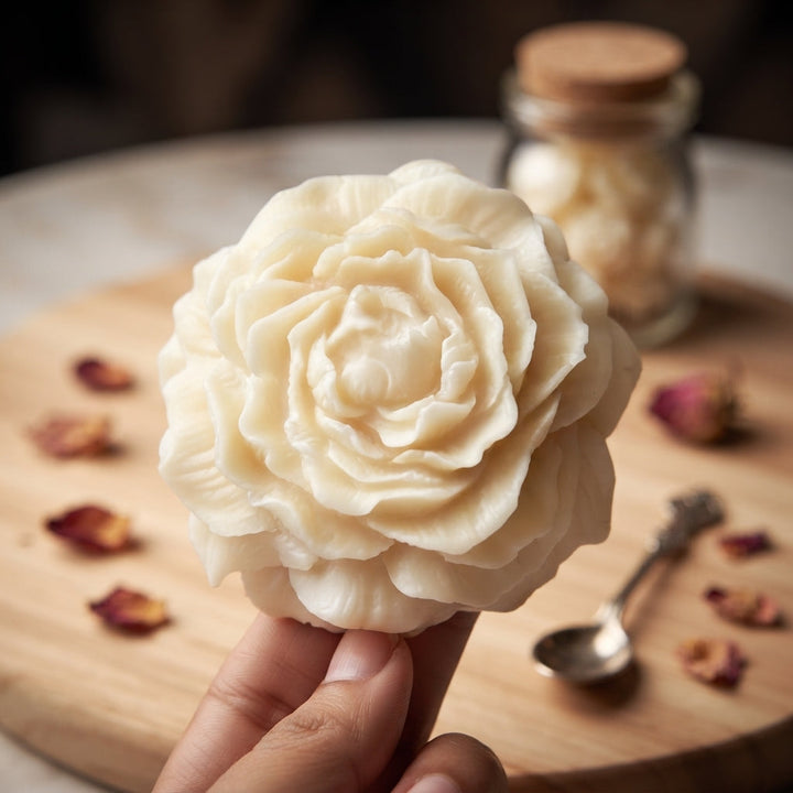 Cream wax flower freshener held in hand, with layered rose-like petals