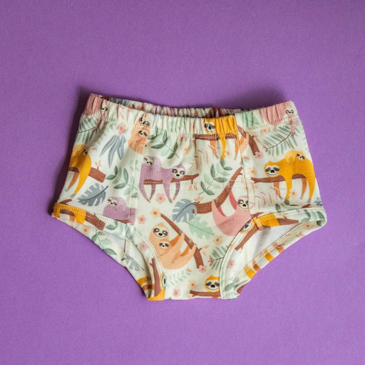 Lilac sloths training underpants in cream with colorful animal print and elastic waistband
