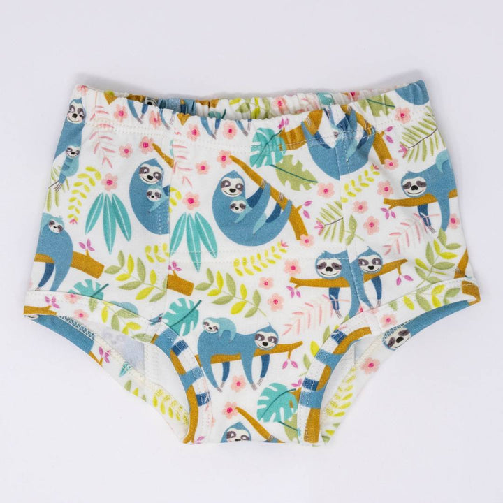 Kids training pants, full-pattern view with sloths, flowers, and jungle leaves