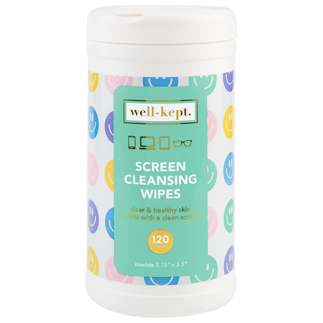 Screen cleansing wipes canister with white lid and colorful label