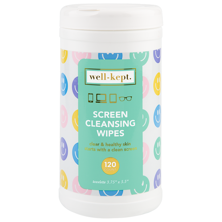 Screen cleansing wipes canister with white lid and colorful label