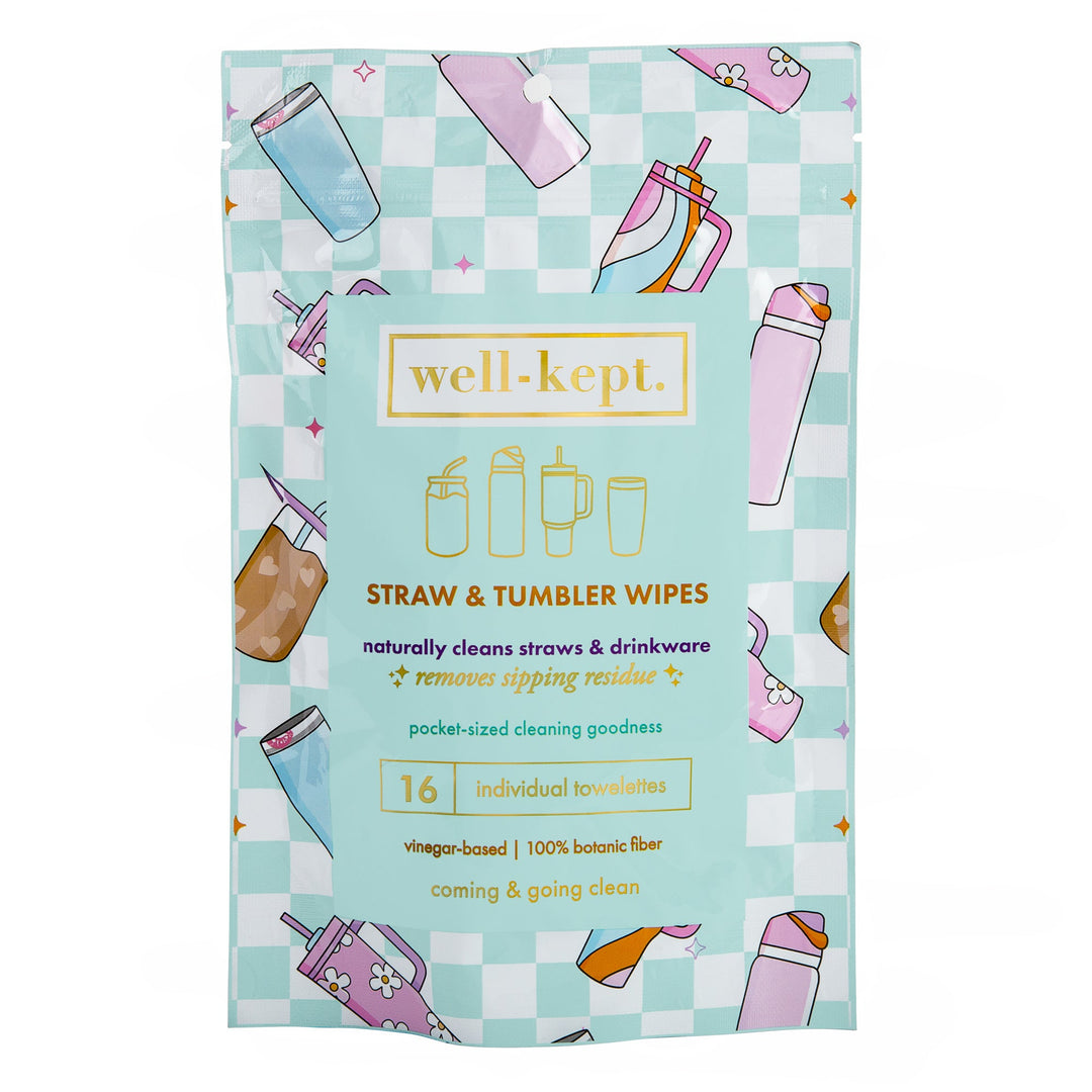 Straw &amp; tumbler wipes pouch, teal checker pattern with &