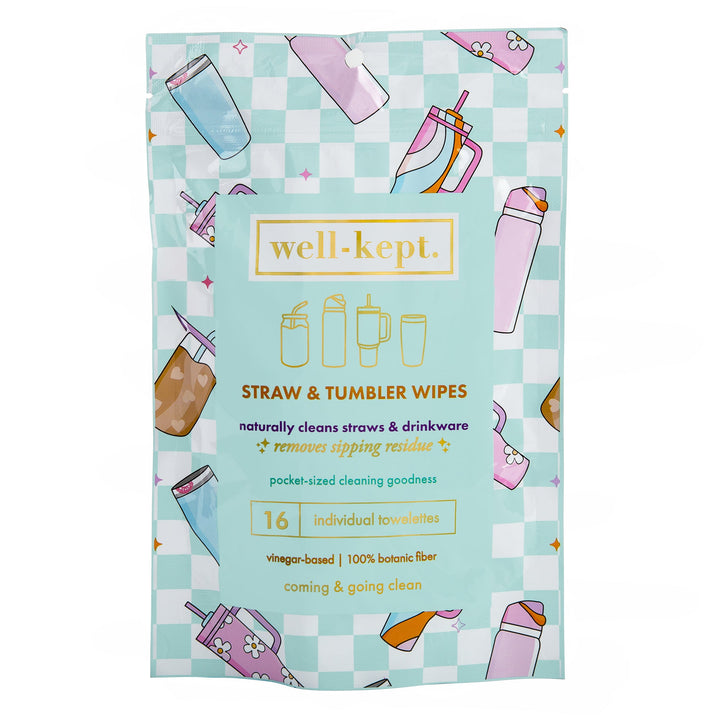 Straw &amp; tumbler wipes pouch, teal checker pattern with &