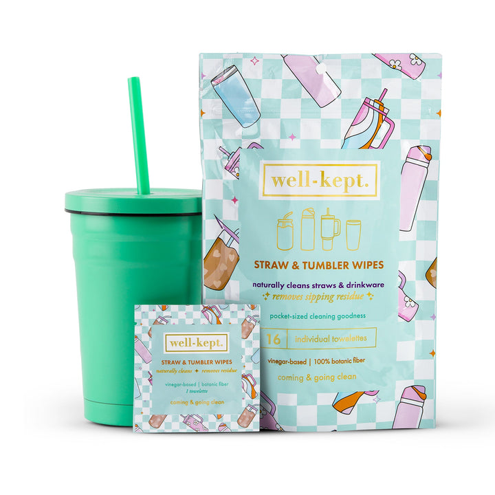 Straw &amp; tumbler wipes pouch with green cup and straw, &