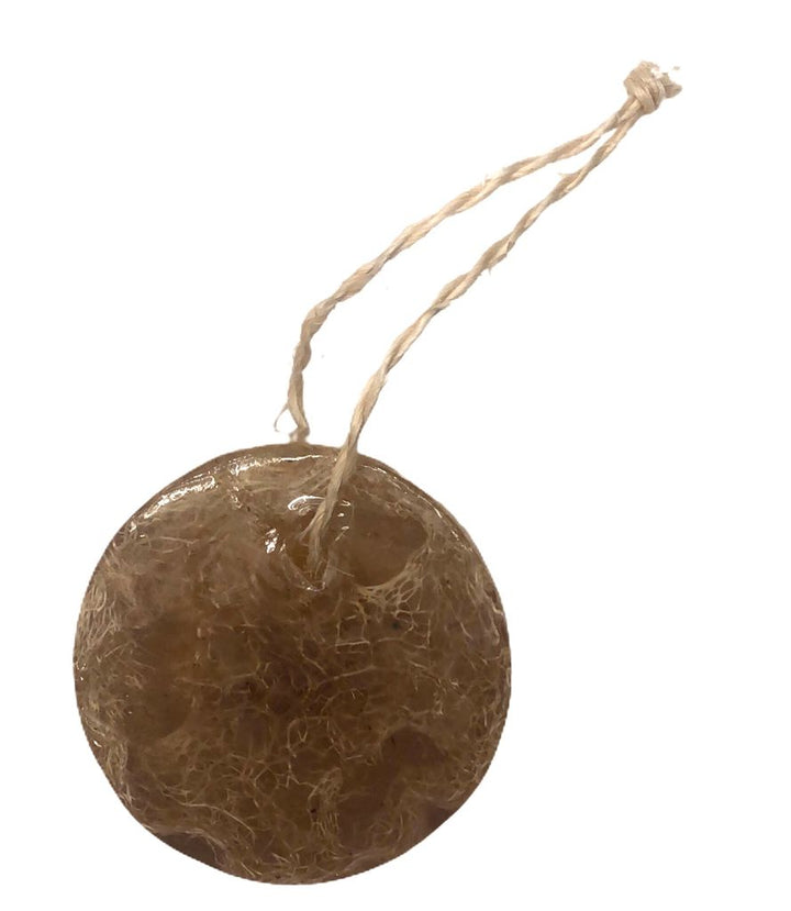Loofah soap bar on rope with circular label, brown.