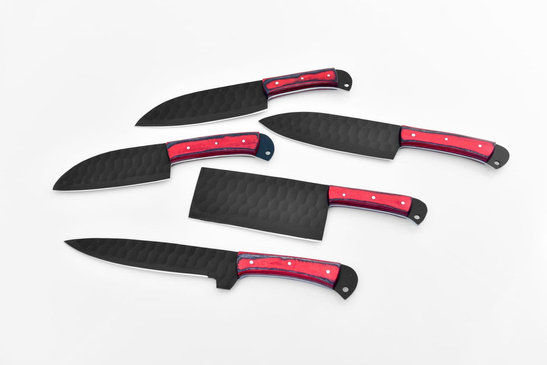 5-piece kitchen knife set with red handles and black textured blades