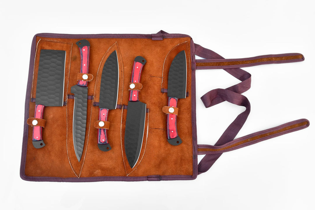 5-piece knife set in brown leather carry bag with red-handled knives