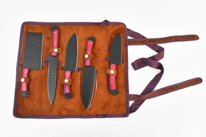 5-piece knife set in brown leather carry bag with red-handled knives