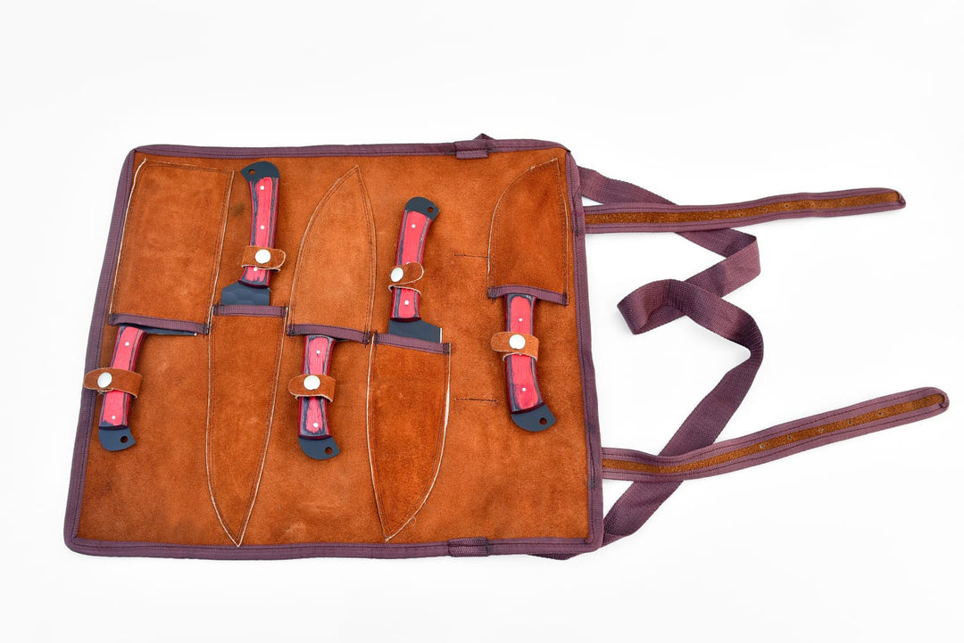 5-piece knife set shown inside brown leather carry bag, red-handled knives