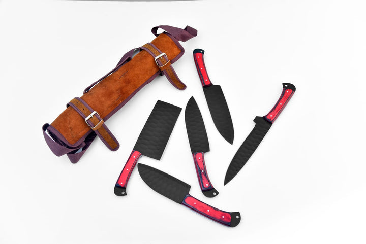 Leather knife roll with red-handled knives and black textured blades