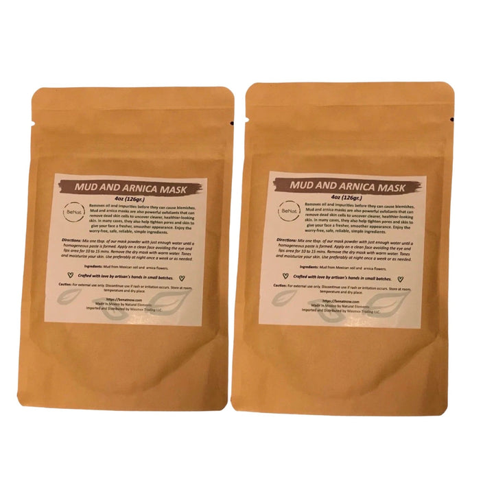 Two mud mask pouches, brown kraft packaging with front label visible
