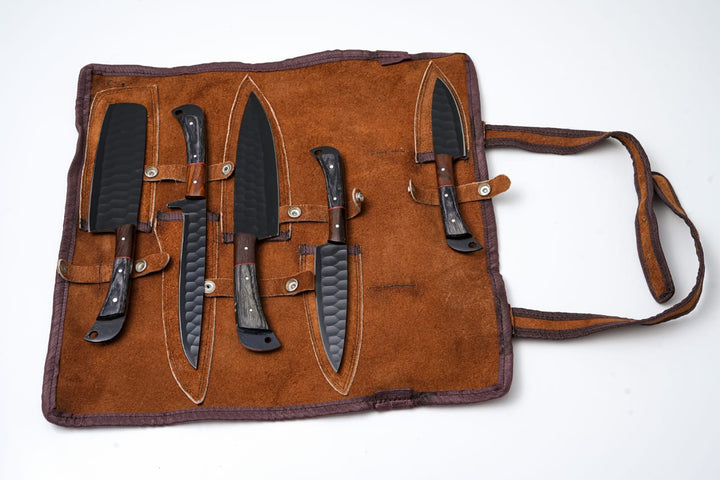 Open knife roll with 5 knives featuring black blades and wood-toned handles