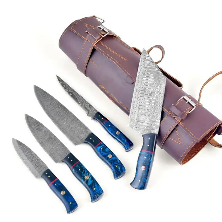 Leather roll knife set with four blue handle Damascus-style blades and stitched covers