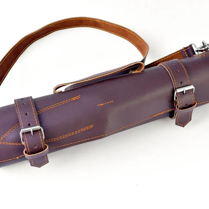 Leather knife roll case with buckle straps and stitched detailing for five knives