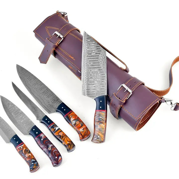 5-piece kitchen knife set with leather roll case; textured silver Damascus blades