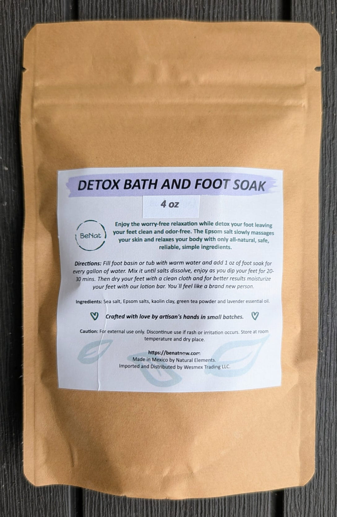 Detox Bath and Foot Soak 4oz pouch with blue label on kraft paper bag