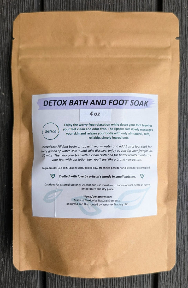 Detox Bath and Foot Soak 4oz pouch with blue label on kraft paper bag
