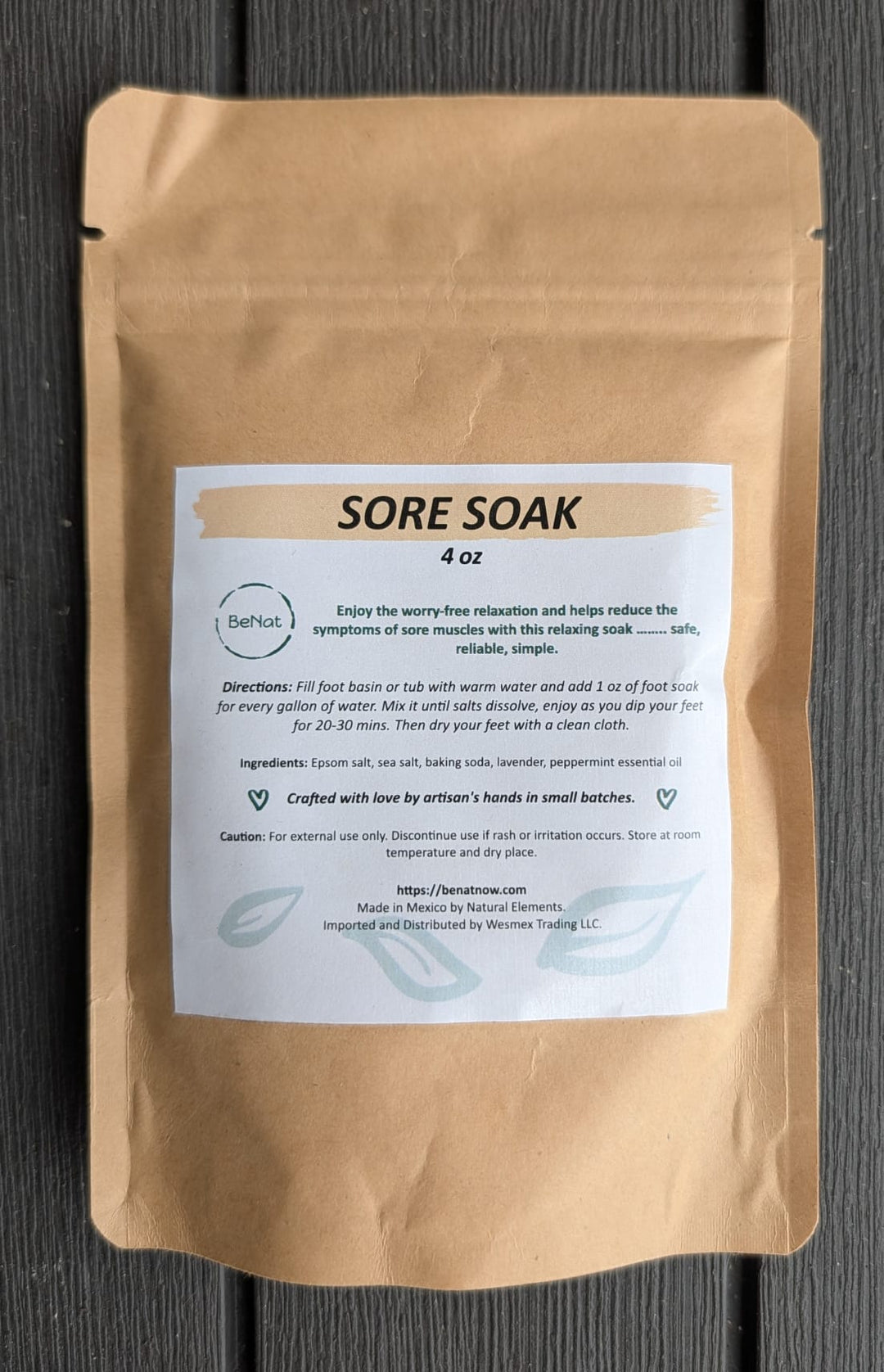 Sore soak bath and foot soak pouch, 4 oz kraft paper bag with white label