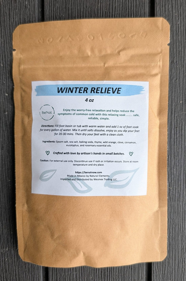Winter relieve bath and foot soak pouch, 4 oz kraft paper bag with white label