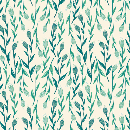 Bowl cover set cloth with small teal leaf sprigs on light background
