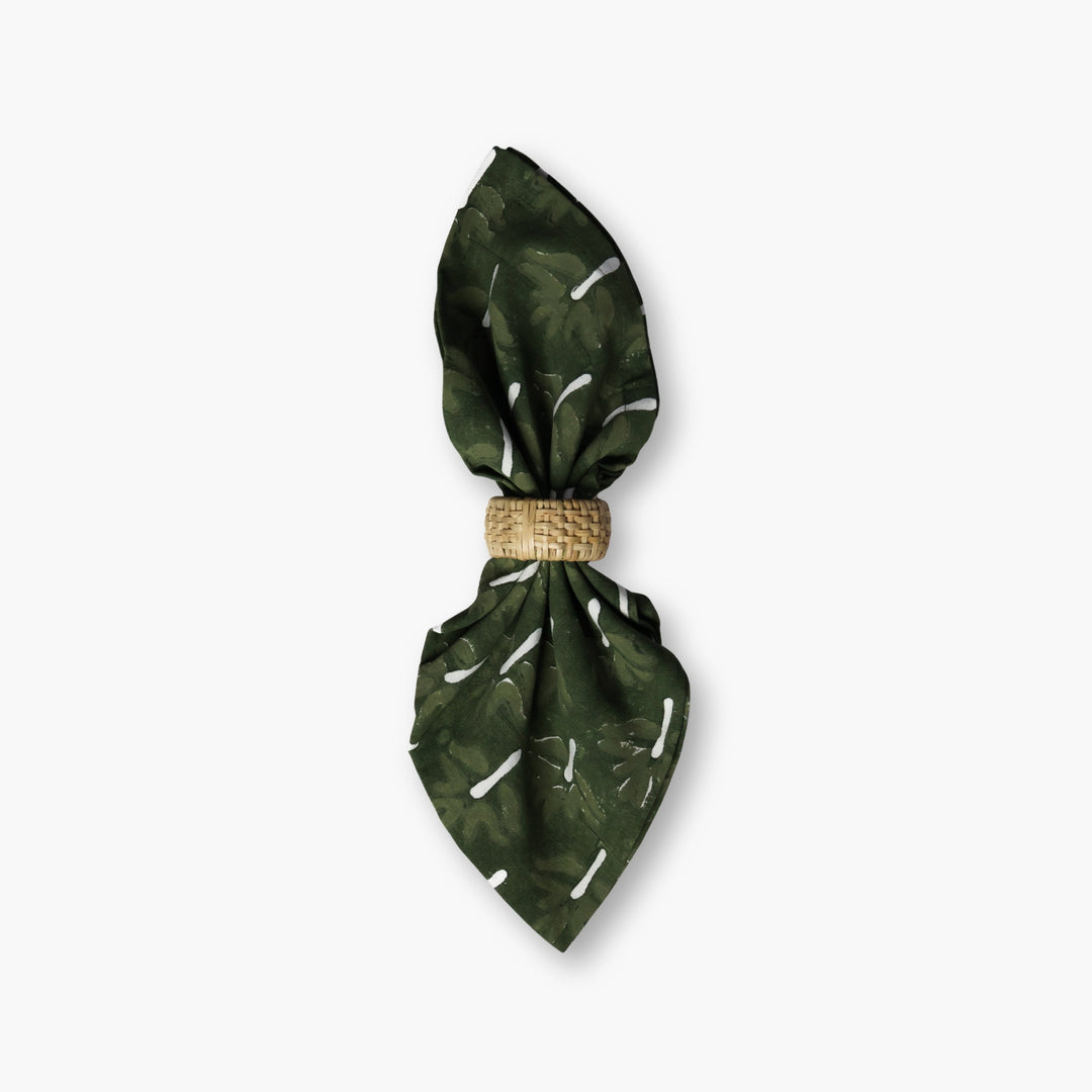 Zeenat table napkin set of 2, dark green chive-stem pattern, tied with gold ring