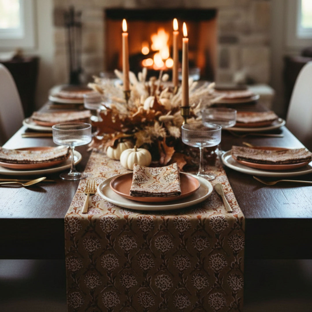 Chai brown printed linen runner with repeating white medallion motif on table