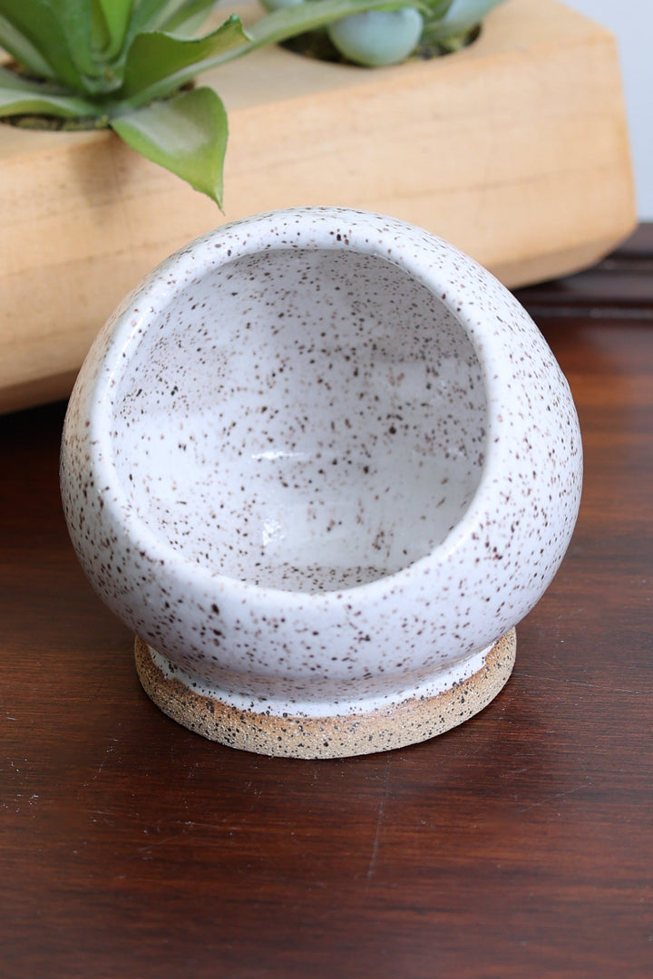 Handmade stoneware salt cellar, speckled white exterior, open round bowl