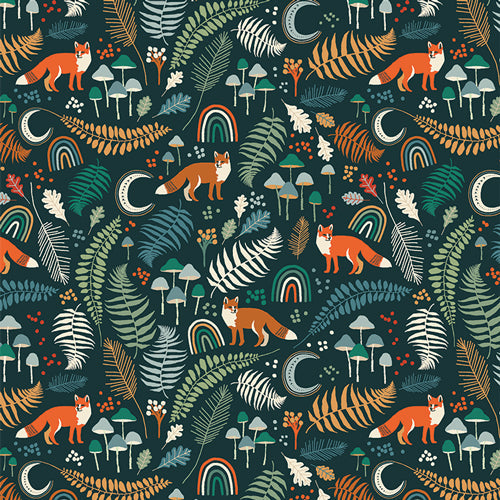 Bowl cover set cloth with teal forest animals, mushrooms, and rainbow motifs