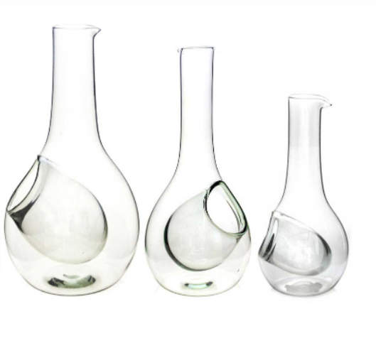 Glass wine cooler decanter set: three bulb-shaped bottles with loop handles