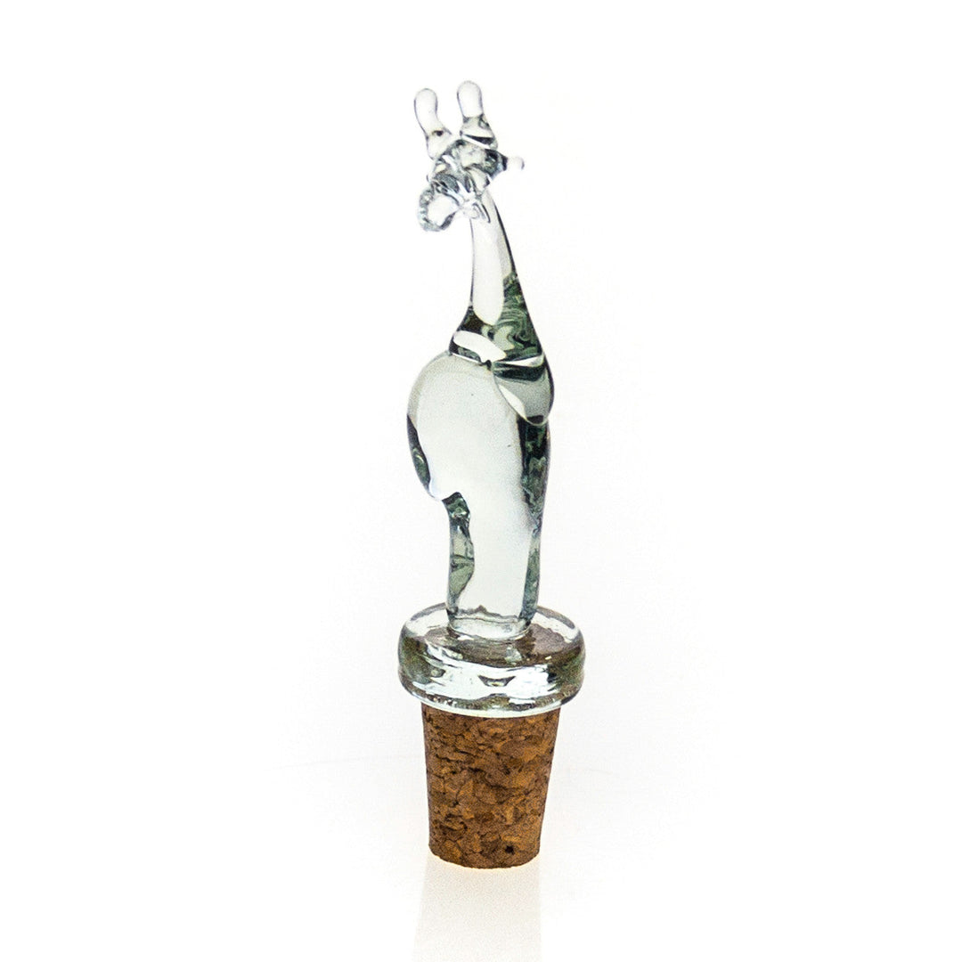 Animal-shaped glass wine stopper with clear animal figure and brown cork, vertical view