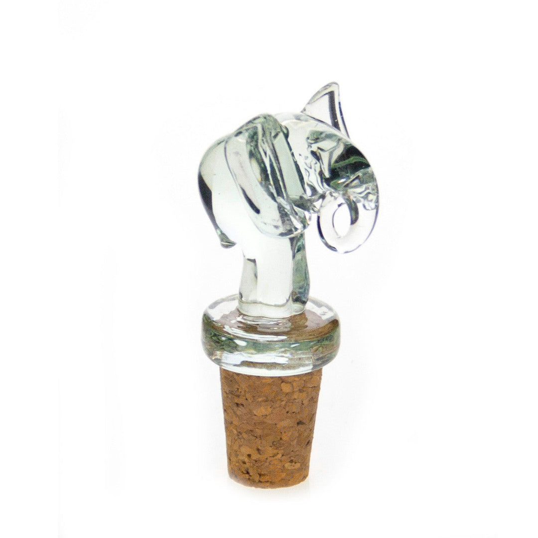 Animal-shaped glass wine stopper with clear figure and brown cork, upright side view
