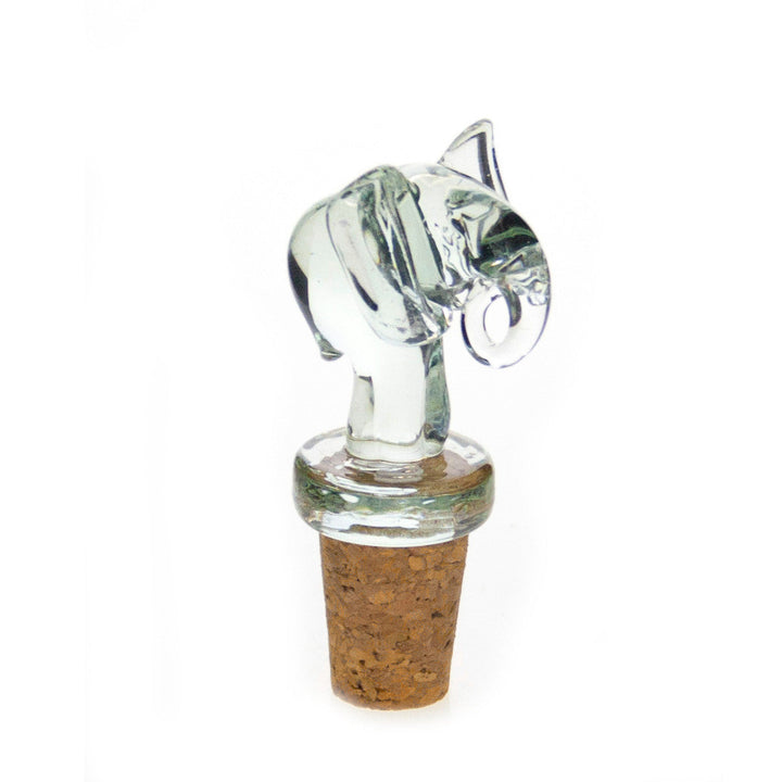 Animal-shaped glass wine stopper with clear figure and brown cork, upright side view