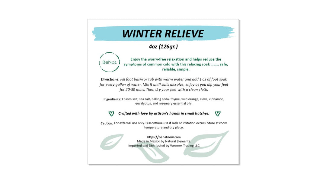 Winter Relieve 4oz package label for bath and foot soak with directions and ingredients