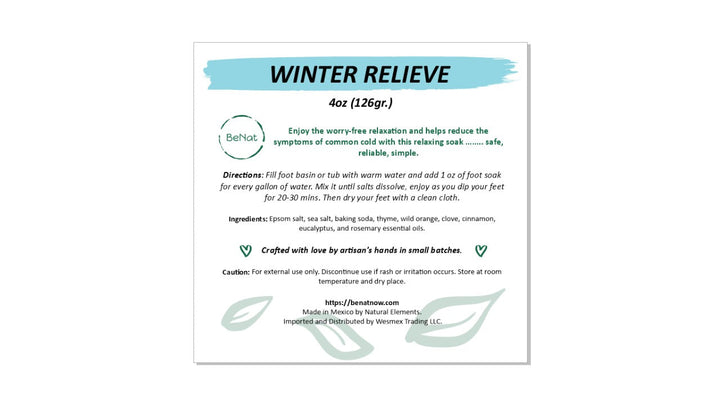 Winter Relieve 4oz package label for bath and foot soak with directions and ingredients