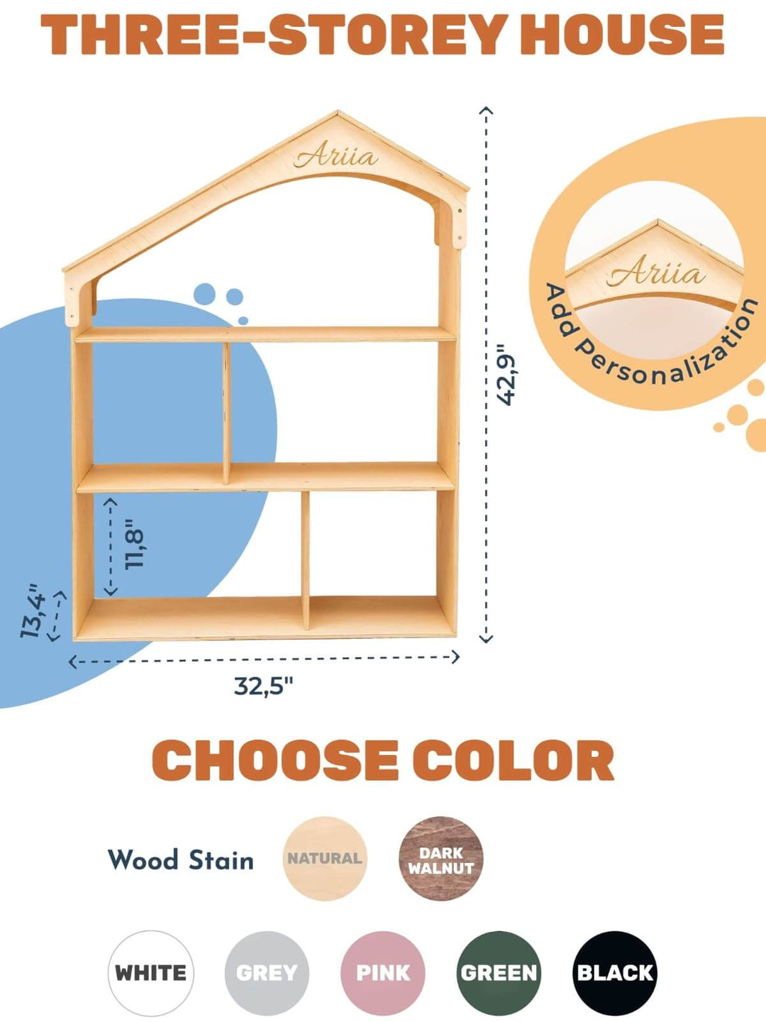 Wooden dollhouse bookcase outline showing dimensions and color options
