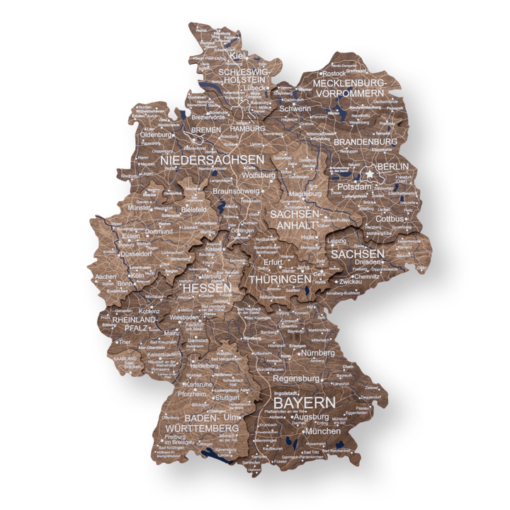 3D Germany wooden map in dark walnut, full view with raised place names