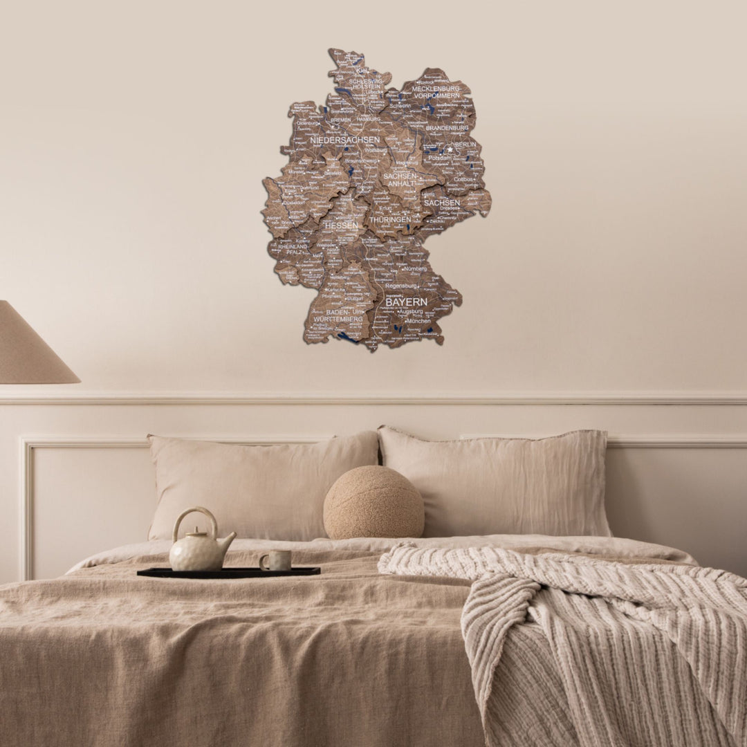 3D Germany wooden map in dark walnut wall decor with raised city and state text