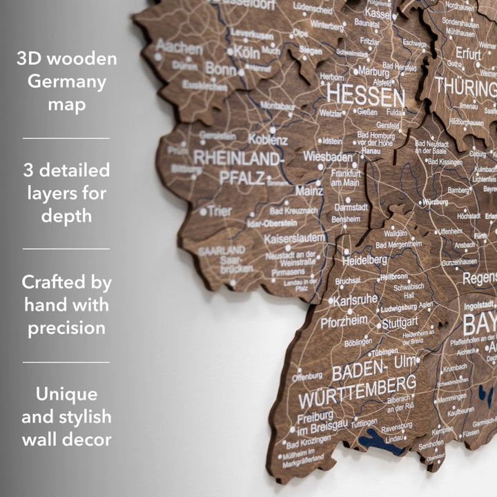 Dark walnut 3D wooden Germany map with layered detail and city/region names