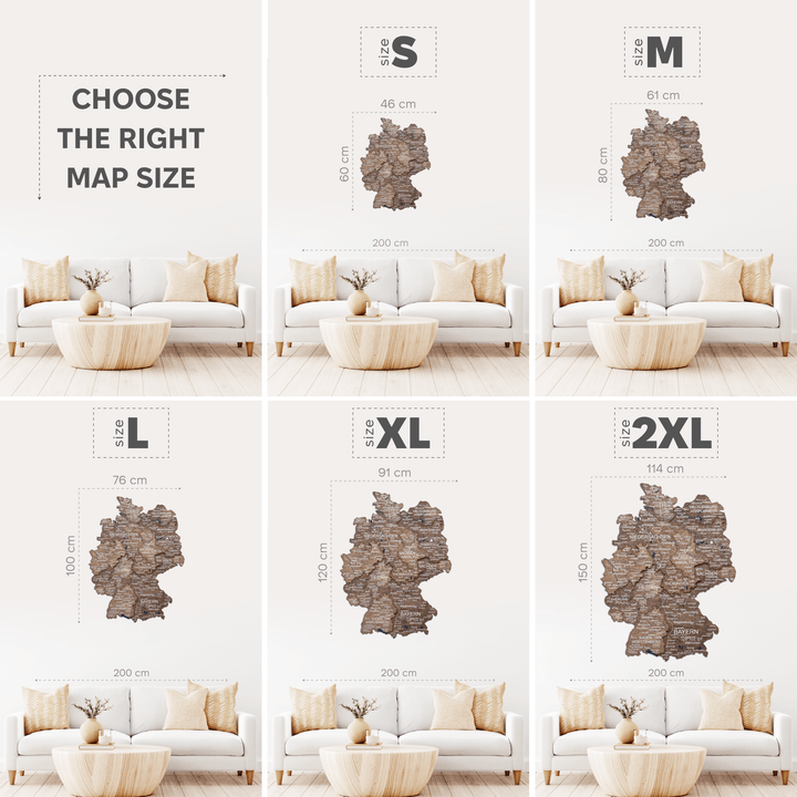 German wooden map size guide showing S to 2XL dimensions for dark walnut