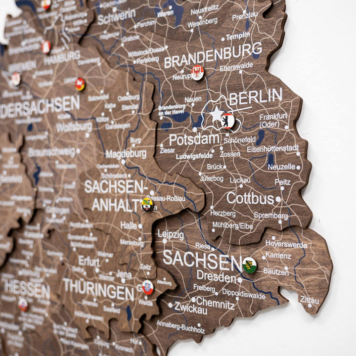 3D dark walnut Germany wooden map detail with city and region labels