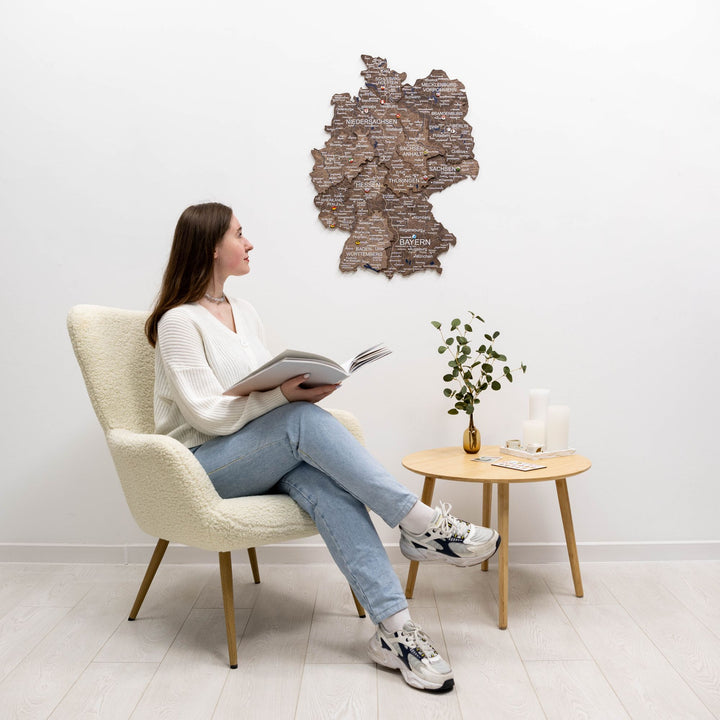 3D Germany wooden map in dark walnut wall decor with raised region names