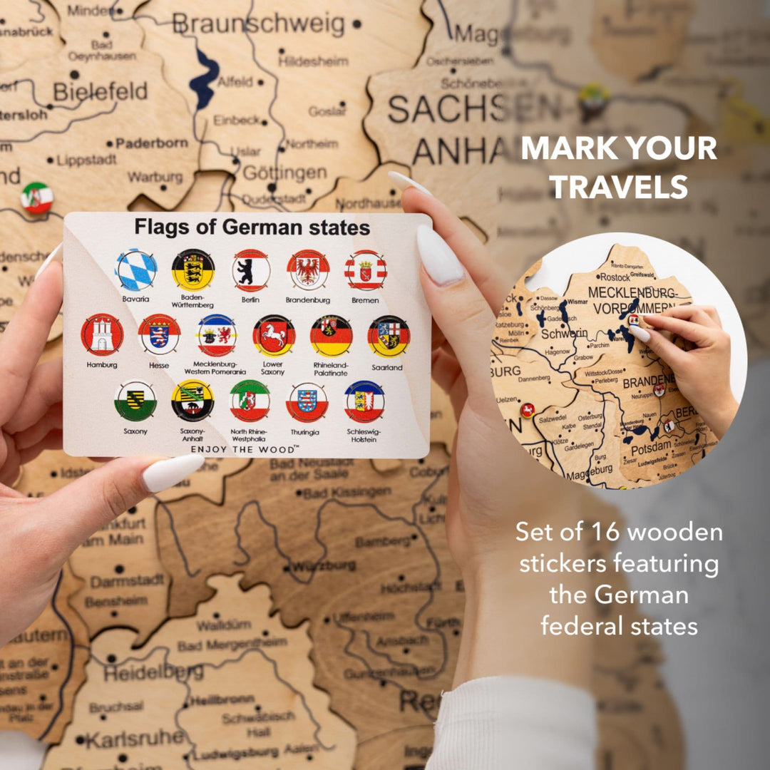 Wooden Germany map with 16 travel ticket cards and a circular map card