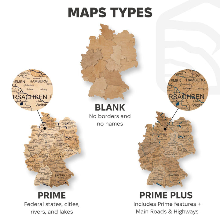 Germany wooden map styles chart: blank, prime, and prime plus layouts
