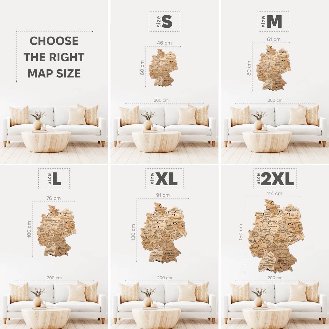 Germany wooden map size chart showing S, M, L, XL, and 2XL options