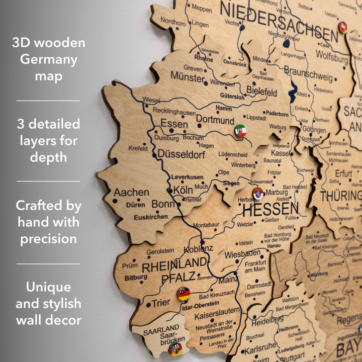 Layered 3D wooden Germany map for wall decor with detailed state labels