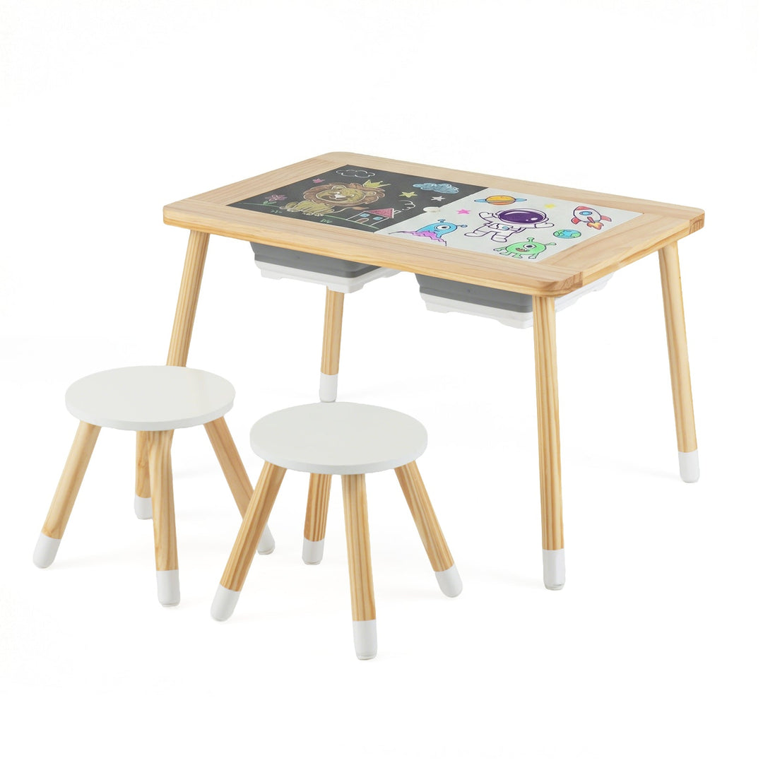 Natural wood kids activity table with illustrated double-sided tabletop and three stools